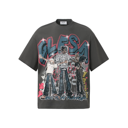 Dark gray unisex retro anime print short sleeve t-shirt lifestyle style shot TeenStylo