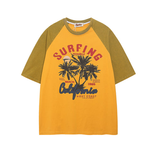 Gray retro colorblock coconut tree print unisex short sleeve tee front view | TeenStylo