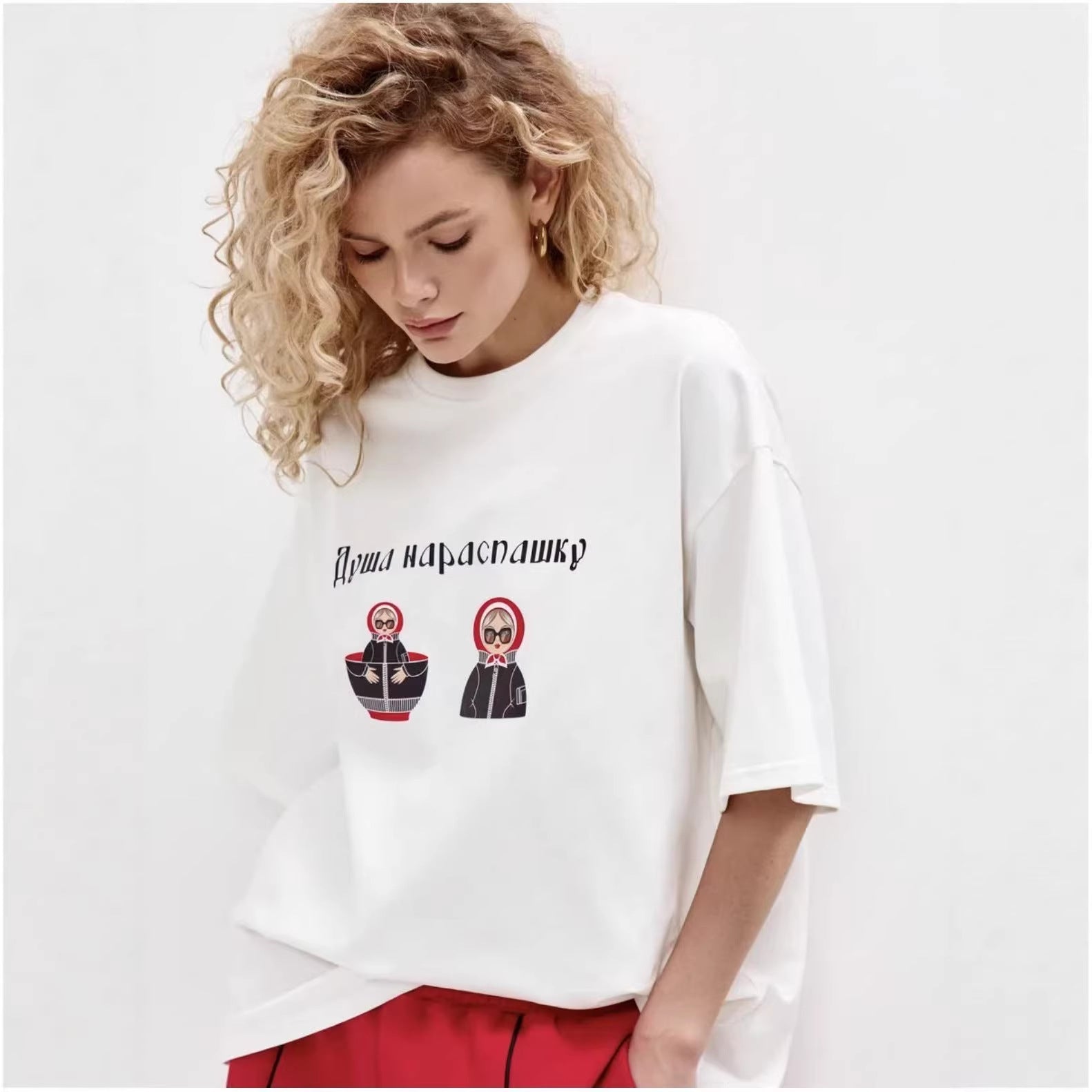 White unisex anime printed loose T-shirt back view, Y2K streetwear style – TeenStylo