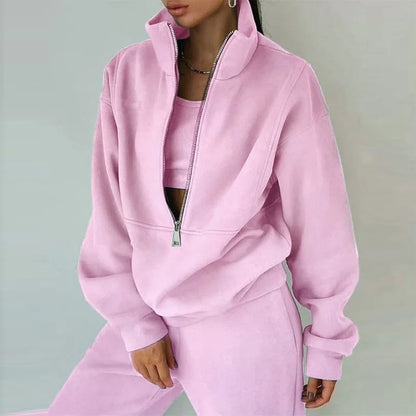 Gray women zipper hooded tracksuit 2-piece sports set back view - streetwear style at TeenStylo