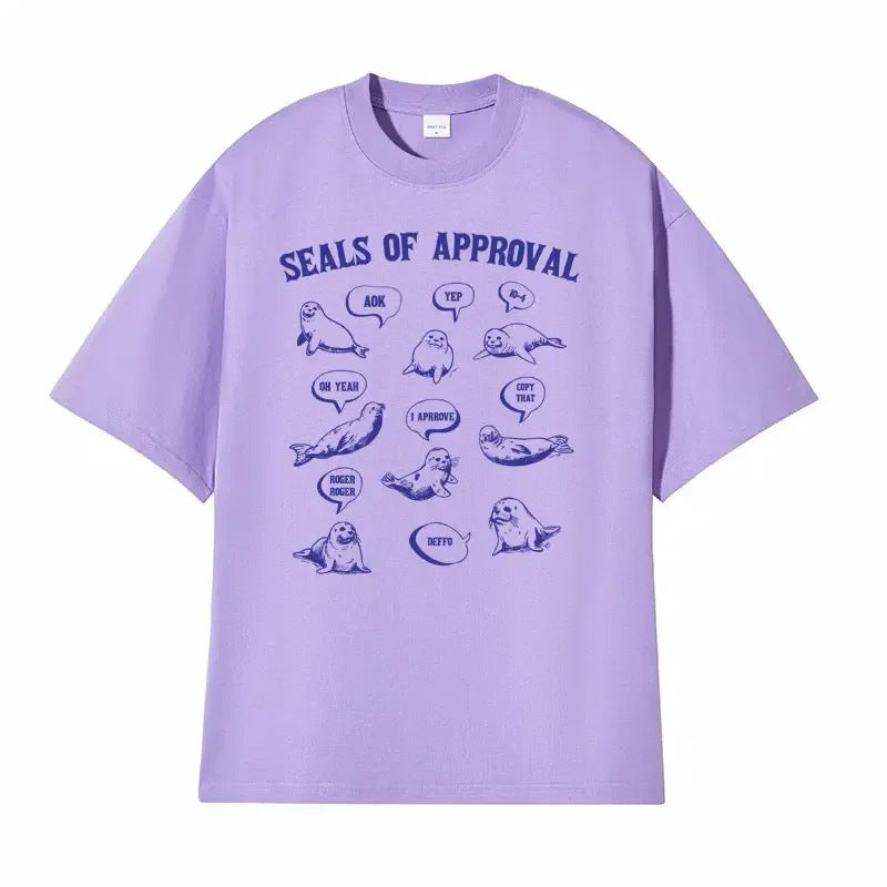Light purple unisex retro Seals of Approval funny meme graphic t-shirt lifestyle shot TeenStylo