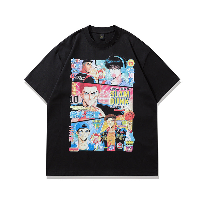 Black cartoon print couple loose short sleeve tee men lifestyle shot TeenStylo