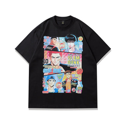 Black cartoon print couple loose short sleeve tee men lifestyle shot TeenStylo