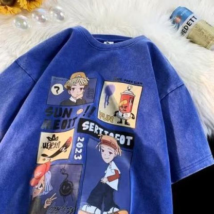 Blue cartoon anime graphic tee men's short sleeve casual streetwear summer shirt lifestyle TeenStylo