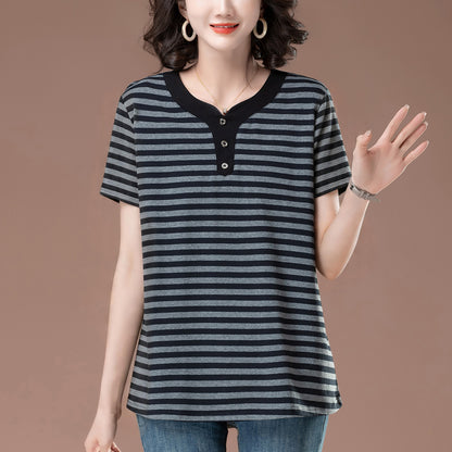 Lifestyle shot of women's floral gray striped short sleeve t-shirt unisex Y2K streetwear style TeenStylo