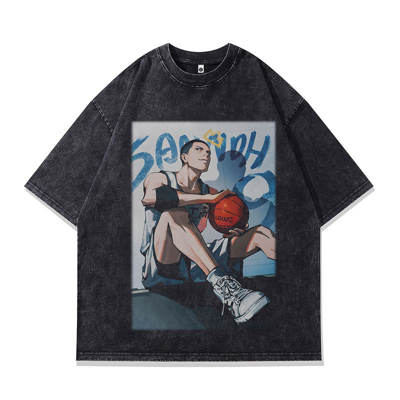 Male model wearing X765 Summer Anime Direct Spray Print heavy 230g streetwear T-shirt lifestyle shot TeenStylo