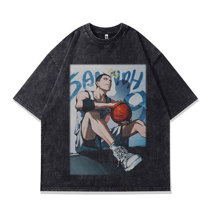 Male model wearing X765 Summer Anime Direct Spray Print heavy 230g streetwear T-shirt lifestyle shot TeenStylo