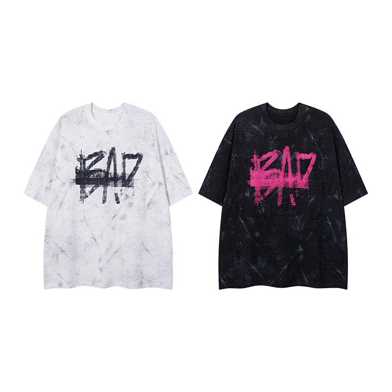 White unisex distressed letter print short sleeve tee lifestyle shot - Y2K streetwear style at TeenStylo