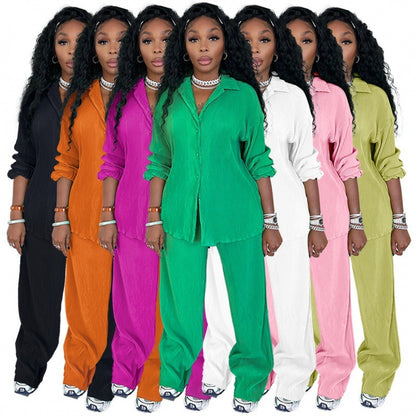 Rose red women's long sleeve shirt top and wide leg pants set front view - TeenStylo