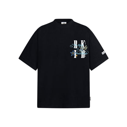 Black unisex gold line embroidery shiny powder short sleeve T-shirt lifestyle shot TeenStylo