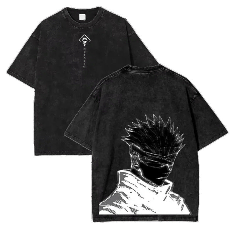 Close-up detail of unisex vintage washed anime print cotton T-shirt in color 3, streetwear style | TeenStylo