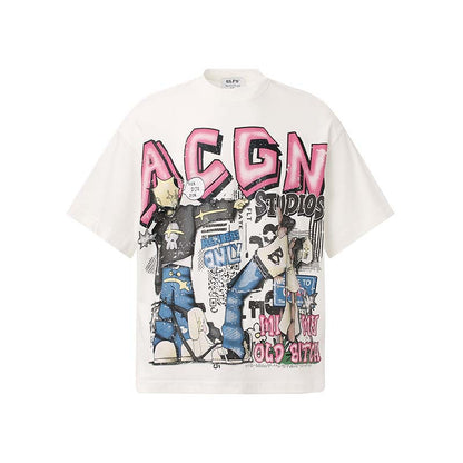 Black anime character letter print unisex short sleeve shirt styled streetwear look | TeenStylo