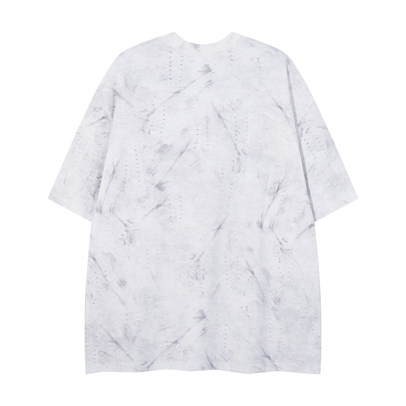 White distressed letter print graphic tee close-up detail, Y2K streetwear unisex fashion | TeenStylo