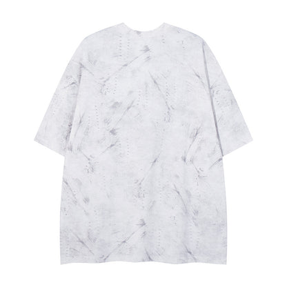 White distressed letter print graphic tee close-up detail, Y2K streetwear unisex fashion | TeenStylo