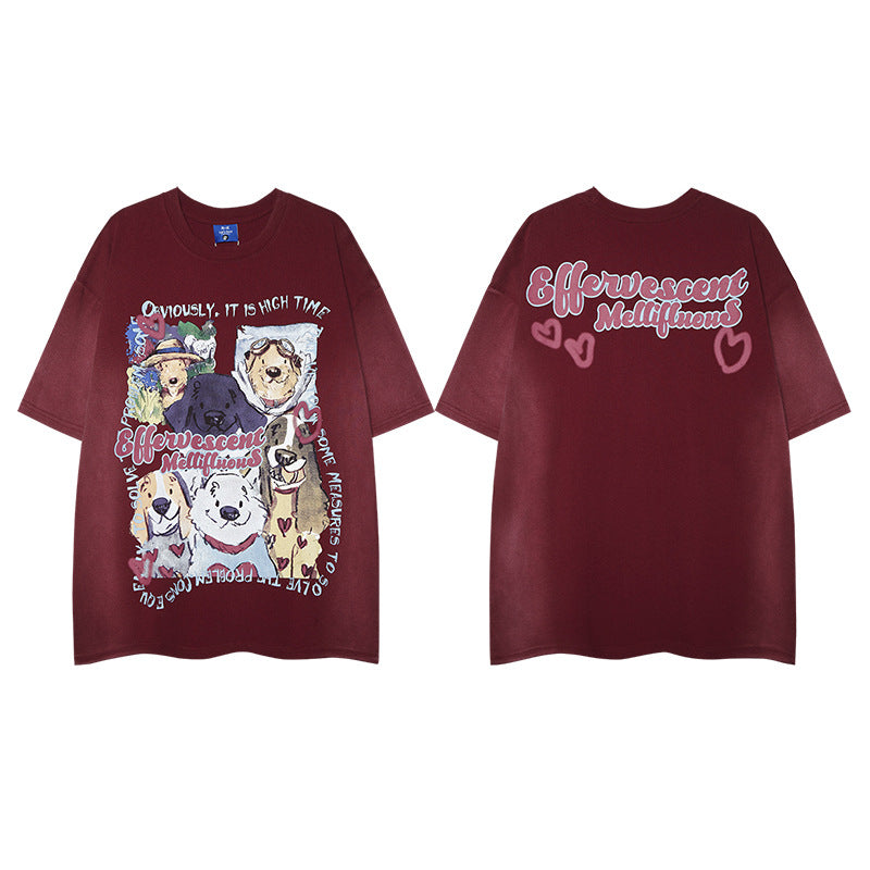 Teen wearing dark reddish brown dog print graphic washed tee in streetwear lifestyle setting at TeenStylo