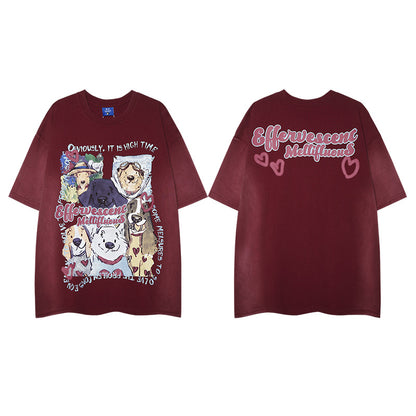 Teen wearing dark reddish brown dog print graphic washed tee in streetwear lifestyle setting at TeenStylo