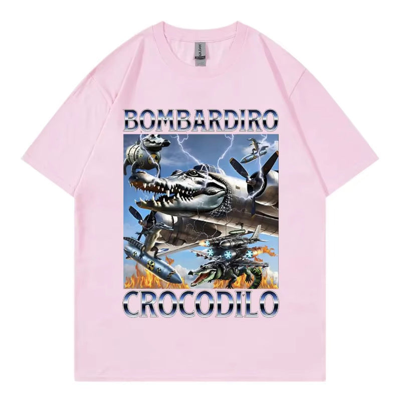 Unisex Bombardiro Crocodilo Plane Bomber graphic tee lifestyle shot in q8 colorway streetwear style TeenStylo