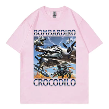 Unisex Bombardiro Crocodilo Plane Bomber graphic tee lifestyle shot in q8 colorway streetwear style TeenStylo