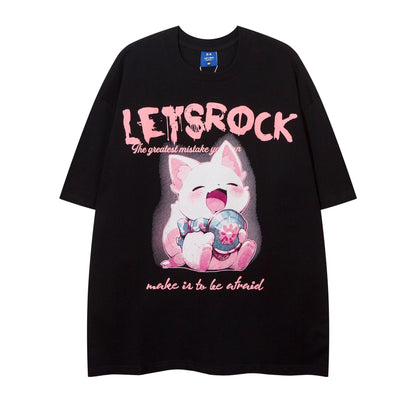 Men's flower gray retro cartoon cute cat print short sleeve t-shirt front view TeenStylo
