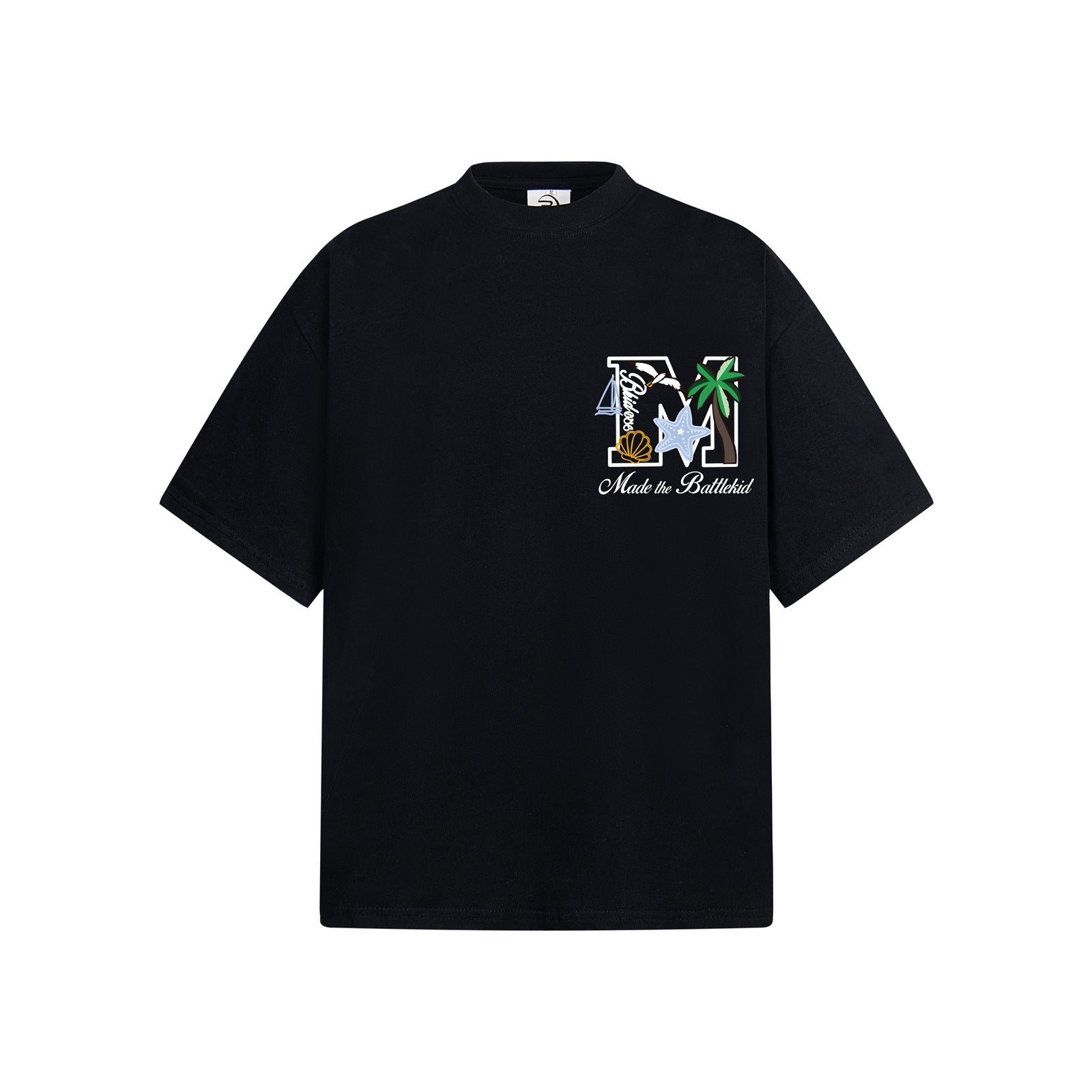 Man wearing black palm tree embroidery short sleeve t-shirt in streetwear lifestyle shot | TeenStylo