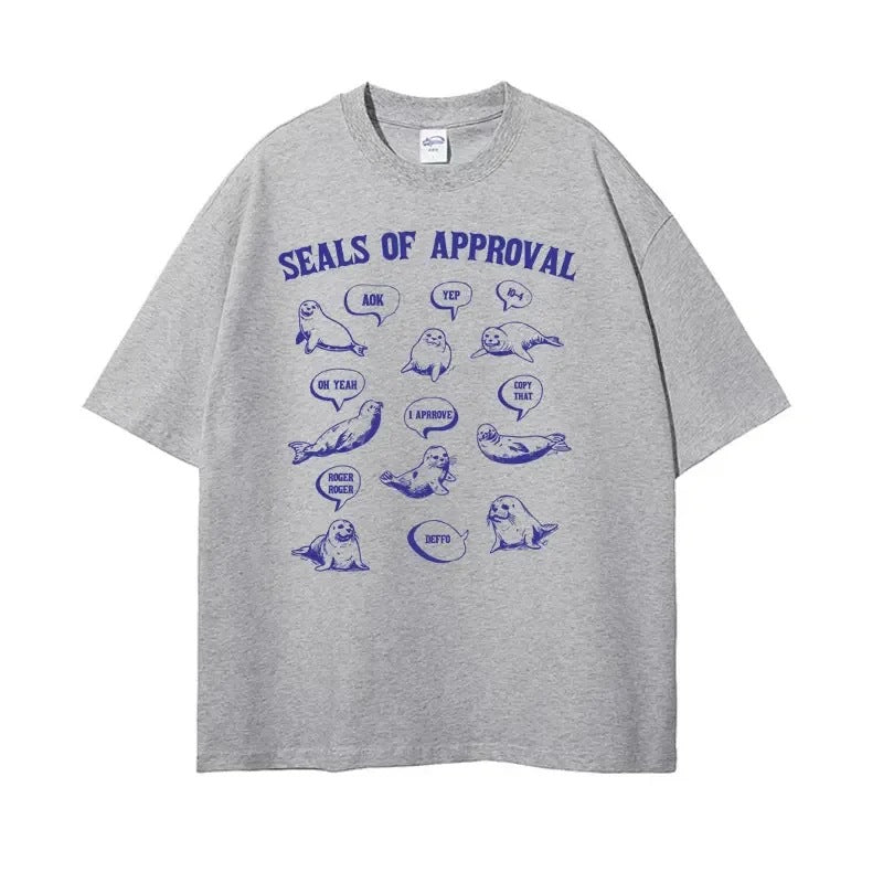 Close-up detail of red Seals of Approval funny meme retro graphic print unisex t-shirt TeenStylo