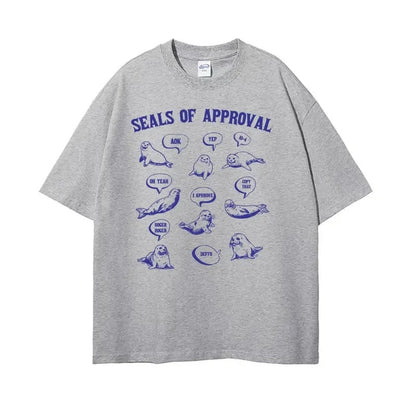 Close-up detail of red Seals of Approval funny meme retro graphic print unisex t-shirt TeenStylo