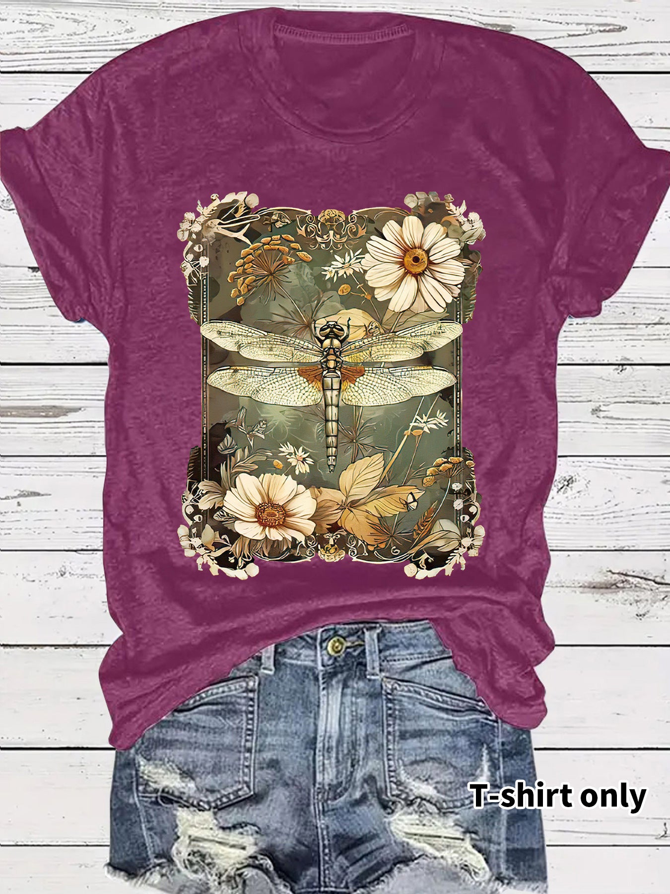 Dragonfly print dark red short sleeve women's t-shirt lifestyle look - Y2K streetwear style at TeenStylo