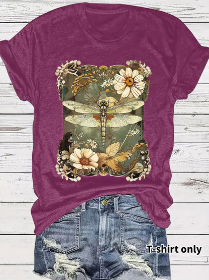 Dragonfly print dark red short sleeve women's t-shirt lifestyle look - Y2K streetwear style at TeenStylo