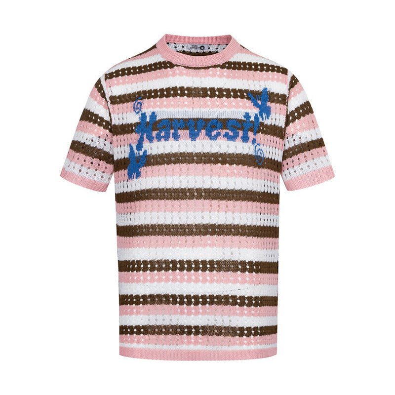 Pink Color Block Striped Crochet Hollow Knitted Short Sleeve Top for Men | TeenStylo
