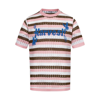 Pink Color Block Striped Crochet Hollow Knitted Short Sleeve Top for Men | TeenStylo