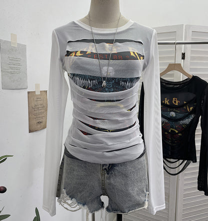 White printed long sleeve T-shirt top lifestyle look for women and men, Y2K streetwear style | TeenStylo