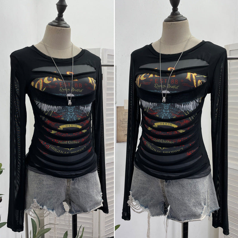 White printed long sleeve T-shirt top close-up detail showing graphic print design - TeenStylo