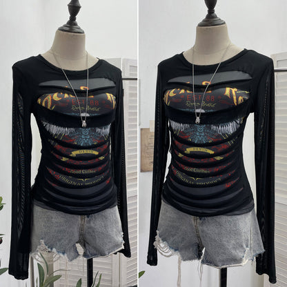 White printed long sleeve T-shirt top close-up detail showing graphic print design - TeenStylo