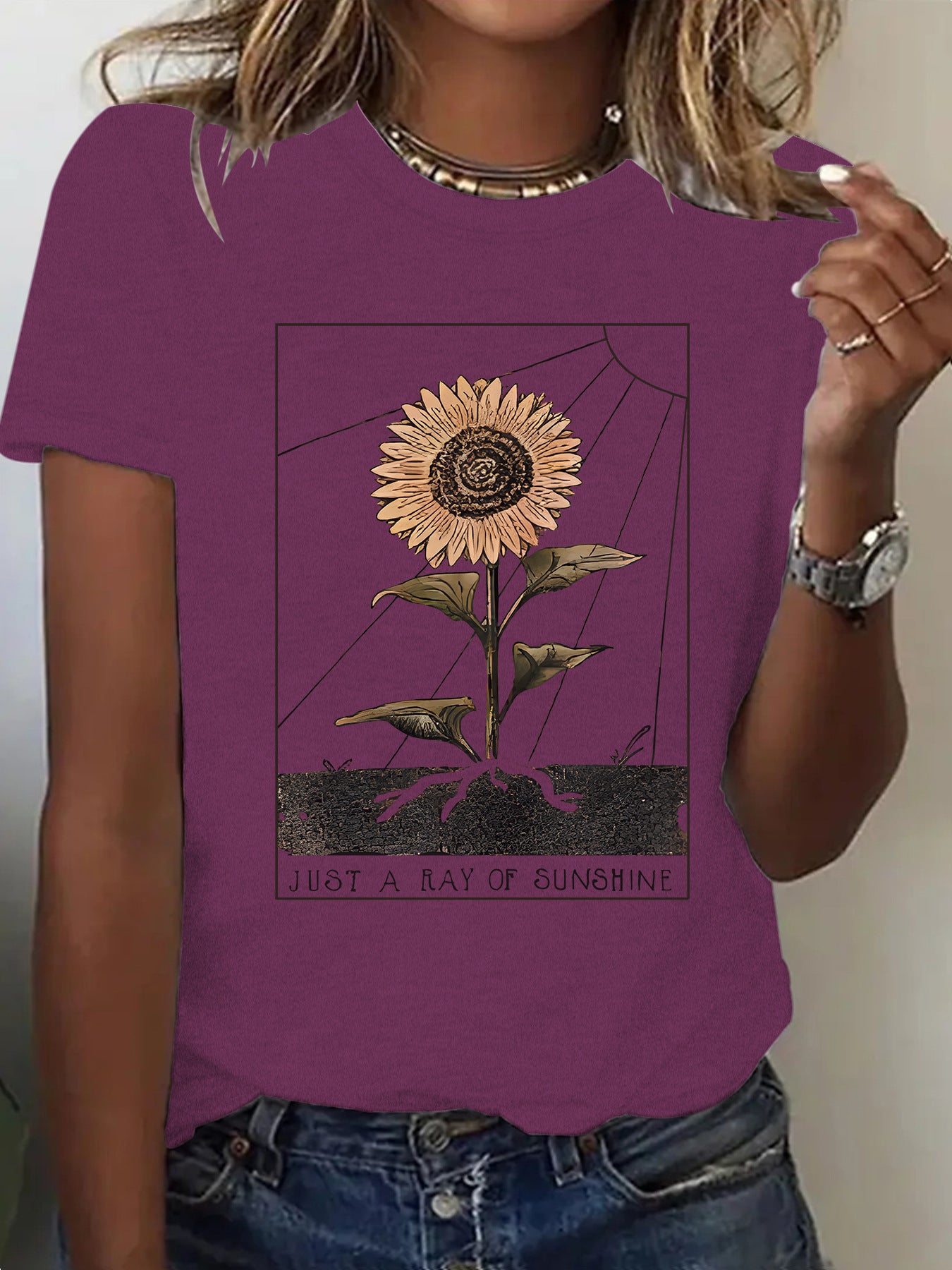 Dark red sunflower print short sleeve t-shirt women lifestyle style TeenStylo