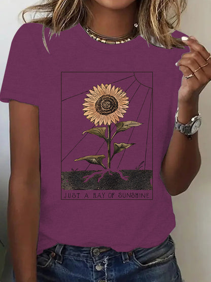 Dark red sunflower print short sleeve t-shirt women lifestyle style TeenStylo