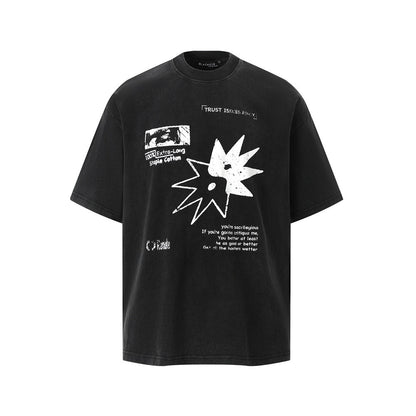 Men's aged black pattern printed faded washed short sleeve t-shirt front view | TeenStylo