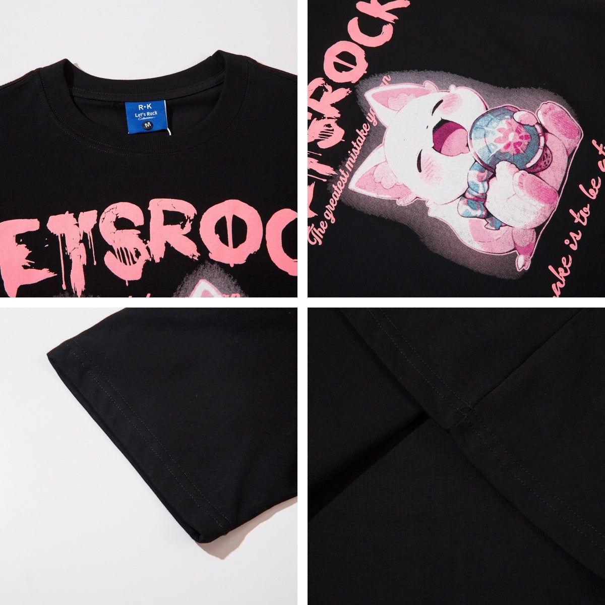 Man wearing black retro cartoon cute cat print short sleeve t-shirt in urban streetwear style | TeenStylo