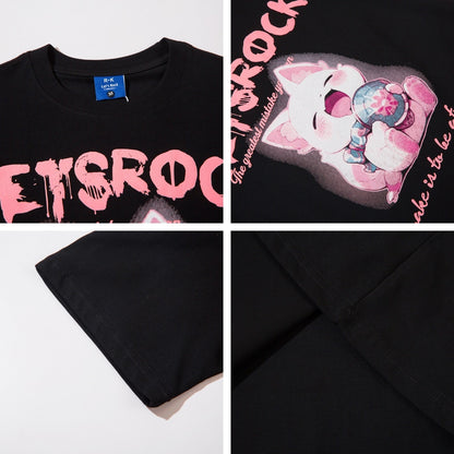Man wearing black retro cartoon cute cat print short sleeve t-shirt in urban streetwear style | TeenStylo
