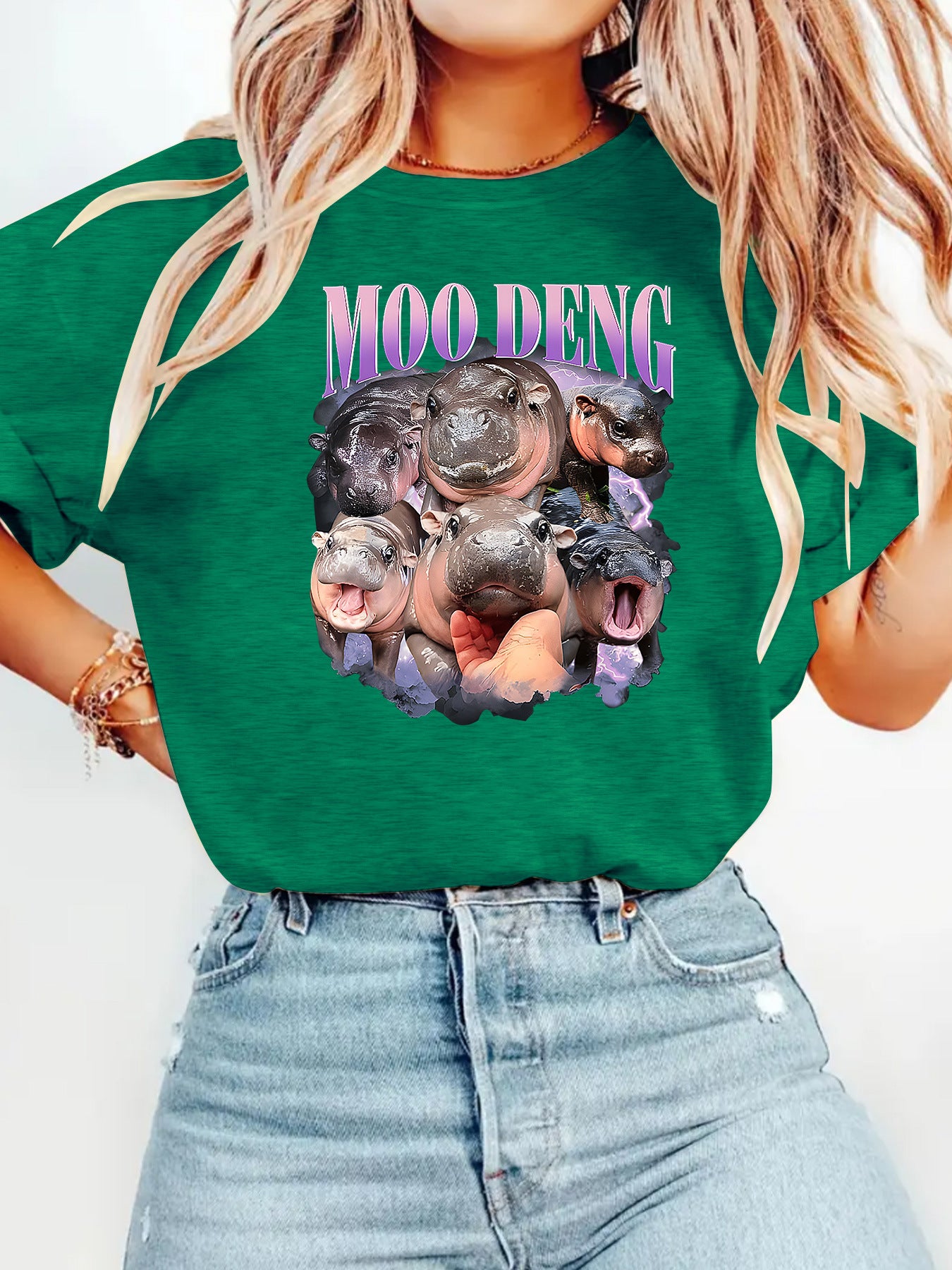 Meadow green unisex T-shirt with bouncing pig print, Y2K streetwear style lifestyle shot - TeenStylo