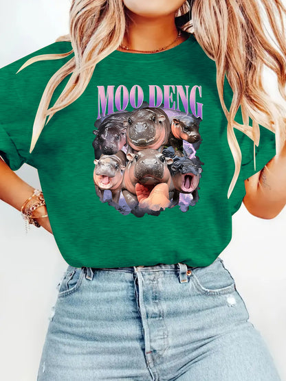 Meadow green unisex T-shirt with bouncing pig print, Y2K streetwear style lifestyle shot - TeenStylo