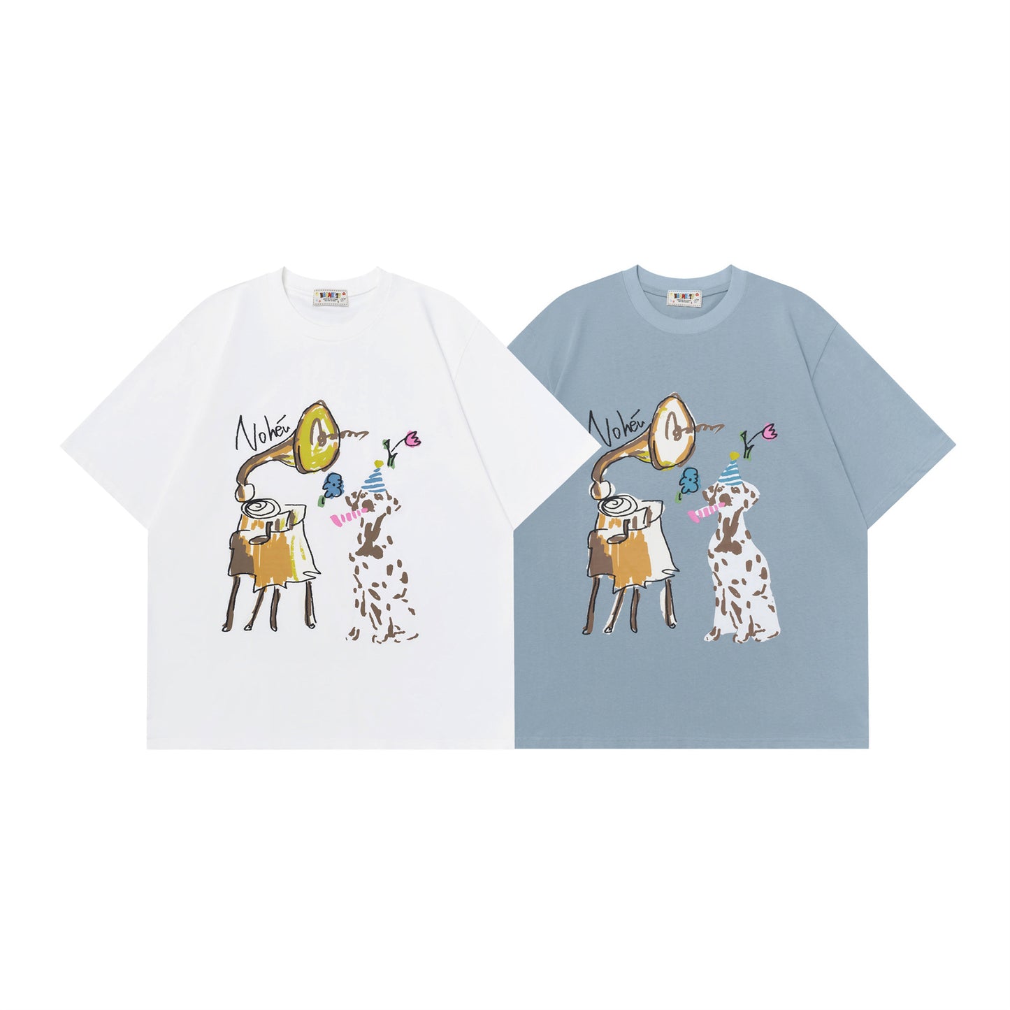 Person wearing Star Blue retro Dalmatian print unisex short sleeve tee styled as Y2K streetwear outfit - TeenStylo
