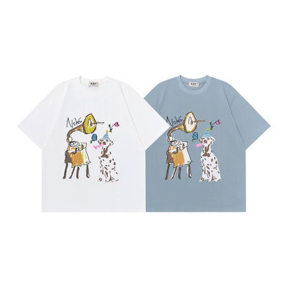 Person wearing Star Blue retro Dalmatian print unisex short sleeve tee styled as Y2K streetwear outfit - TeenStylo