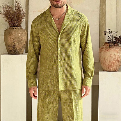 Yellow-green long sleeve shirt and pants casual summer set for men streetwear style TeenStylo