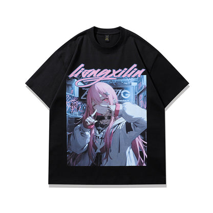 Black cartoon print couple t-shirt loose short sleeve streetwear tee for men lifestyle shot TeenStylo