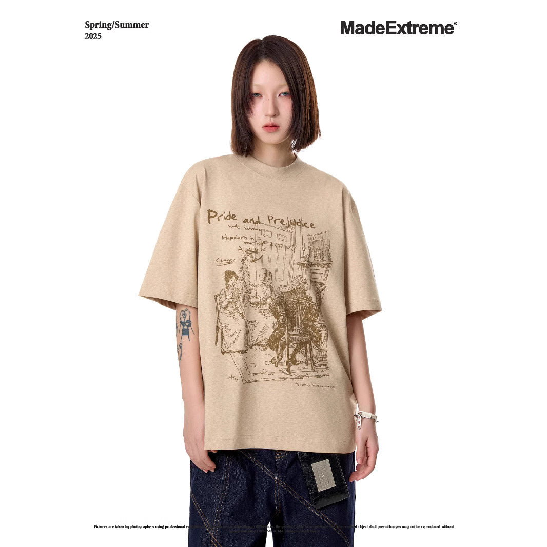 Coffee brown unisex retro round neck short-sleeve tee styled in a Y2K streetwear lifestyle look | TeenStylo