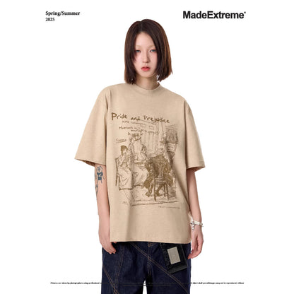Coffee brown unisex retro round neck short-sleeve tee styled in a Y2K streetwear lifestyle look | TeenStylo