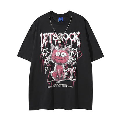 Black streetwear t-shirt back view featuring cartoon cat graffiti letter print for men | TeenStylo