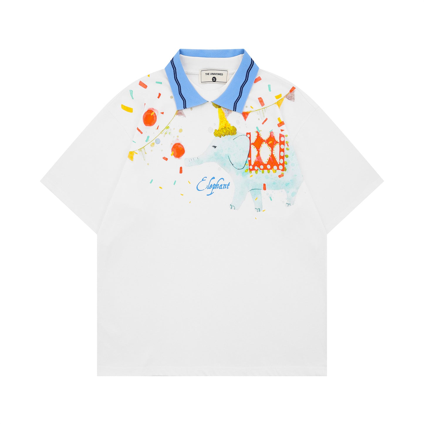 White color-block elephant print turn-down collar unisex streetwear top lifestyle shot TeenStylo