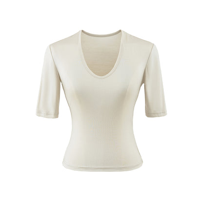 Apricot u-neck mid sleeve women's T-shirt front view, Y2K streetwear style | TeenStylo