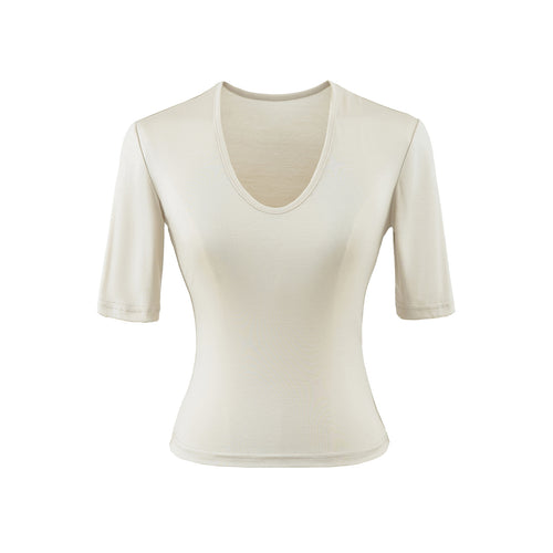 Apricot u-neck mid sleeve women's T-shirt front view, Y2K streetwear style | TeenStylo